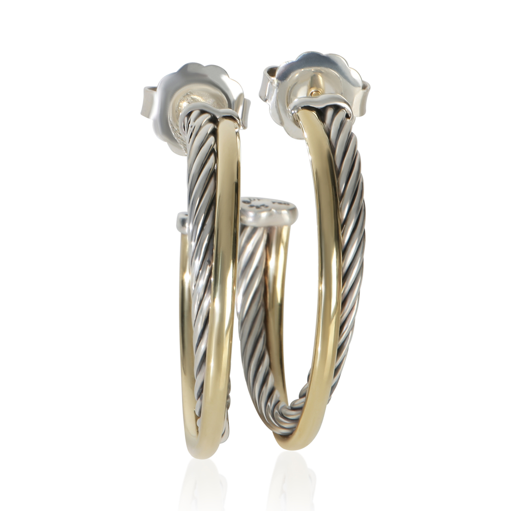David Yurman Yellow Gold & Sterling Silver  Crossover Hoop Earrings